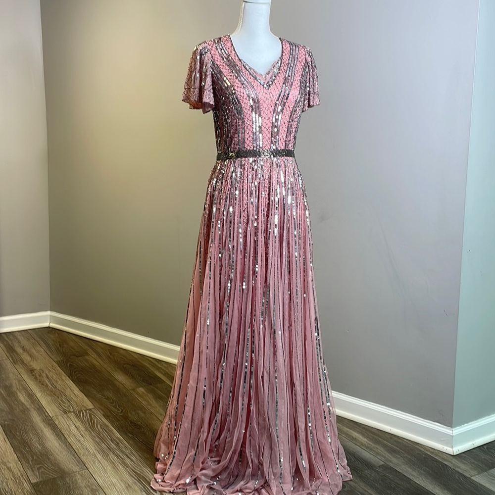 Mac Duggal pink and silver evening gown.